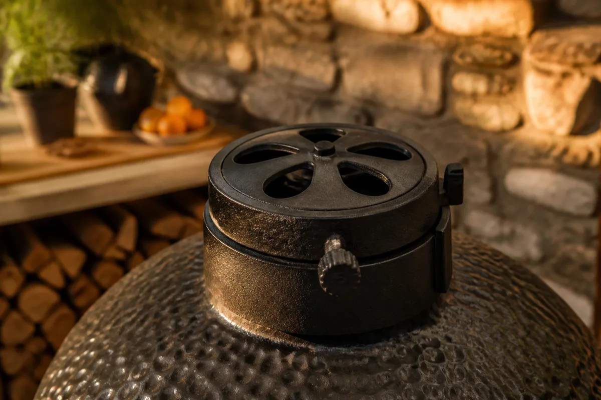 Ventelle supérieure en fonte d’un kamado, réglage fin de l’ouverture