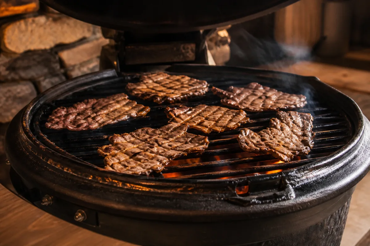 Fines tranches de viande saisies sur la grille brûlante d’un kamado