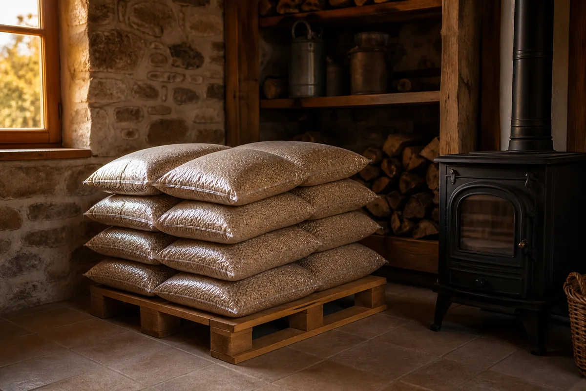 Sacs de granulés empilés sur une palette dans un local sec