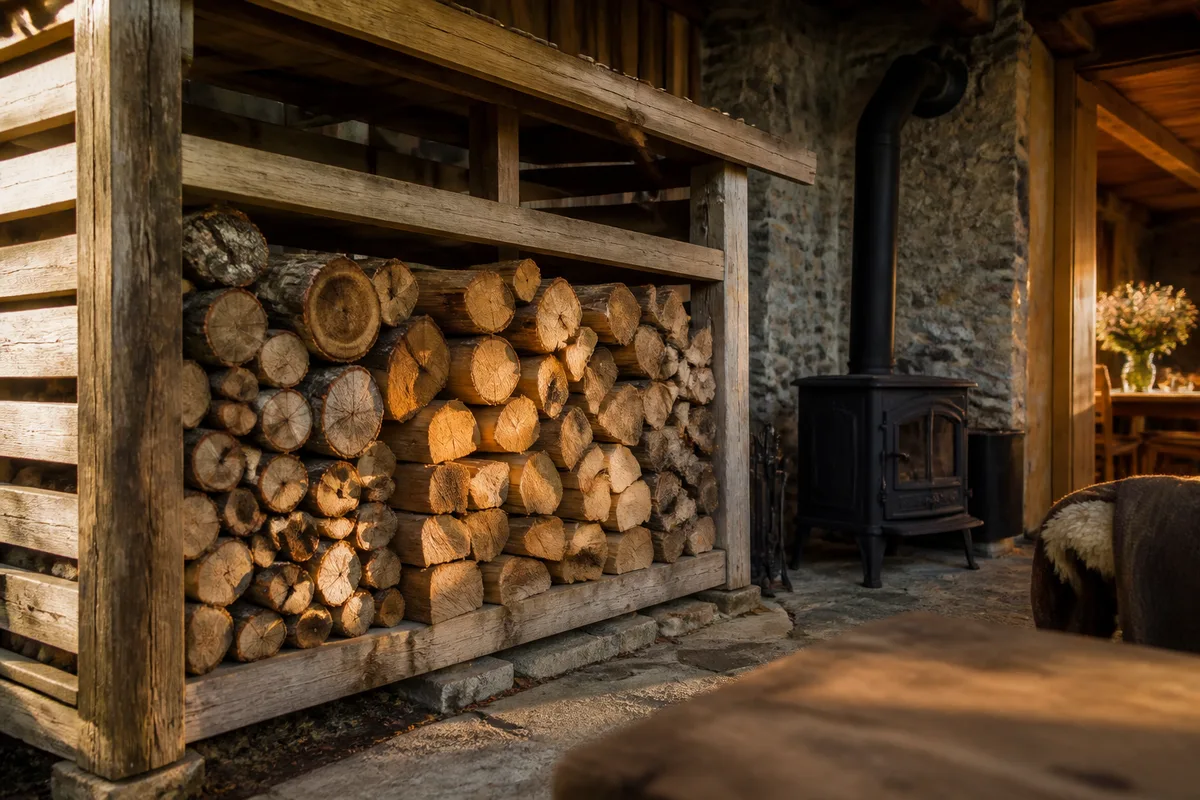 Bûches de différentes essences empilées sous un abri en bois ventilé