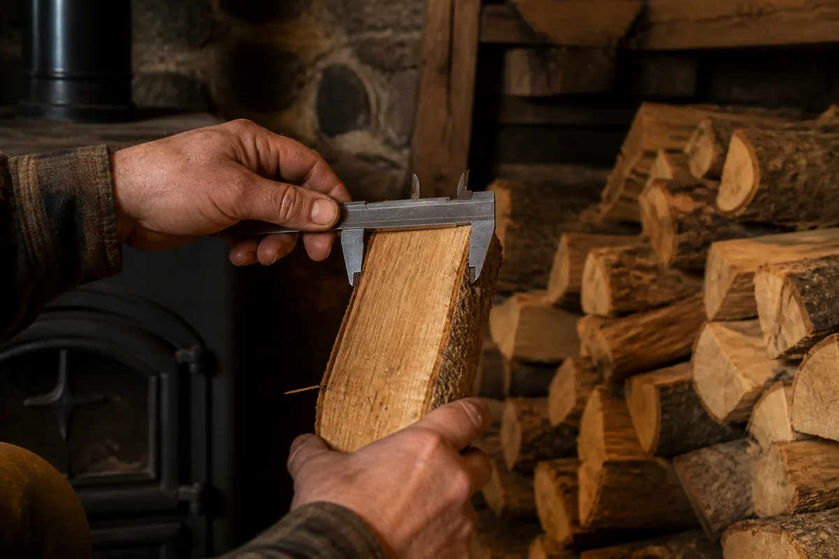 Mesure du calibre d’une bûche fendue avant empilage pour le séchage