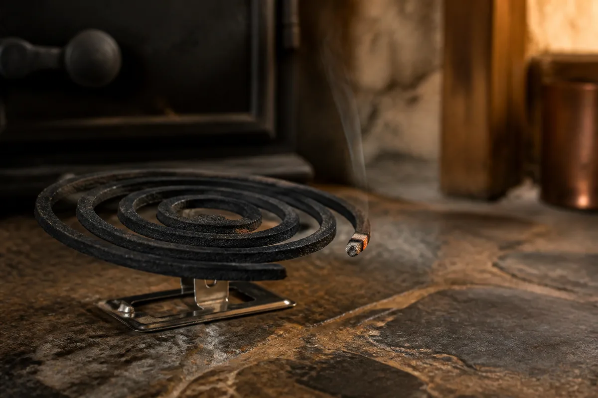 Spirale anti-moustiques posée sur son support métallique, braise incandescente